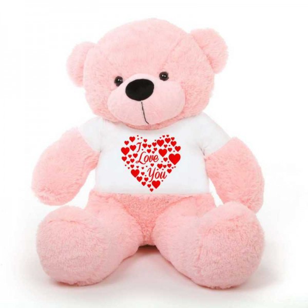 Pink 5 feet Big Teddy Bear wearing a I Love You T-shirt